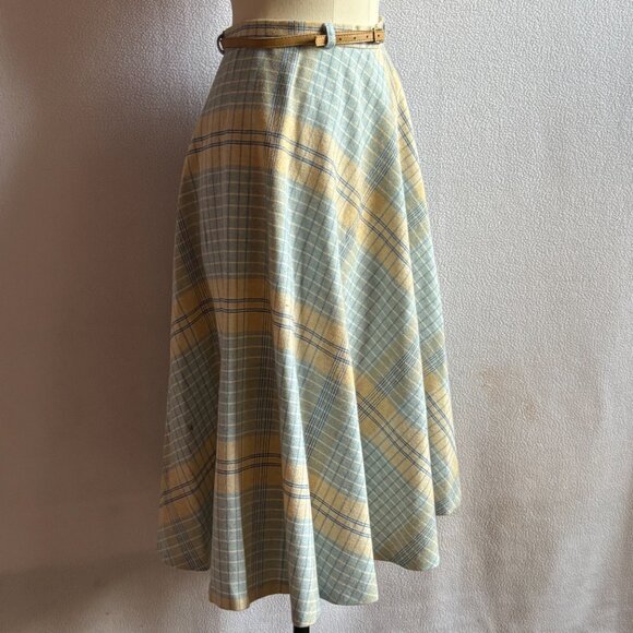 1970s Blue Plaid Flared Skirt - Picture 3 of 7